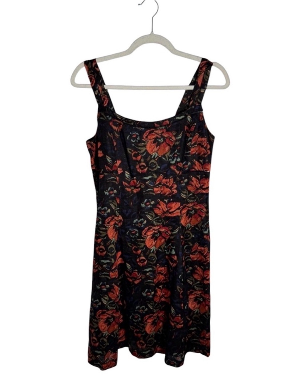 Peruvian Connection Linen Floral Fit & Flare Dress Black Rust Size 4